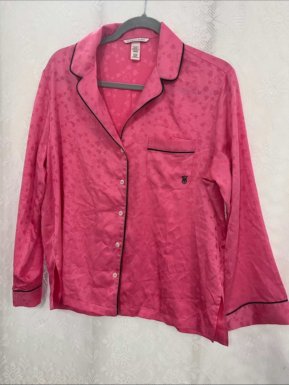 Victoria's Secret Hot Pink Satin Pajama Shirt with Black Piping S
